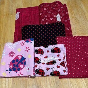 Valentines & Ladybug Assorted Cotton Fabric Lot - 6 Pieces